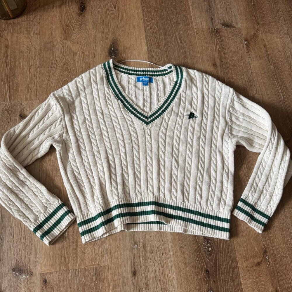 Prince Pickleball Cream & Green Women's‎ Cable Knit Pullover Size L